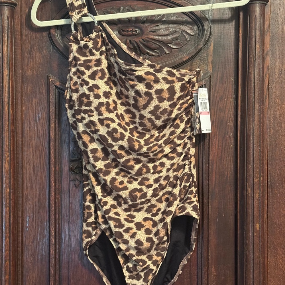 Michael Kors Women’s One Shoulder Swimsuit Leopard Print 10 NWT